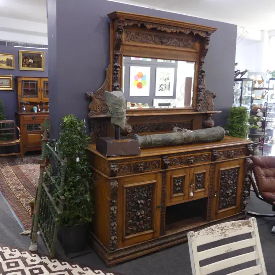IMPRESSIVE 19thC. CARVED OAK MIRROR BACK SIDEBOARD 1860 x 660 x 2330mm