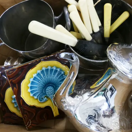 BOX ASST INCL SILVER PLATE COFFEE POT & JUG, PR ART NOUVEAU TILES ETC..