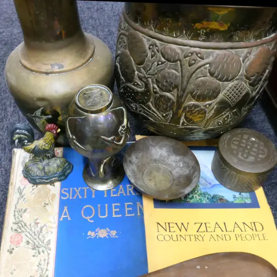 BOX LOT BOOKS, BRASS VASES ETC