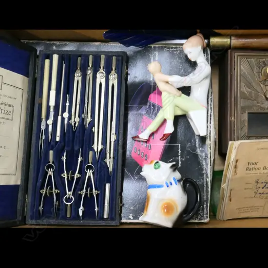 BOX LOT PORCELAIN FIGURE, BONZO JUG, PHONE, KNIFE, DRAWING SET, SAFE, RATION BOOK, LILLICRAPS URANIUM GLASS HONE