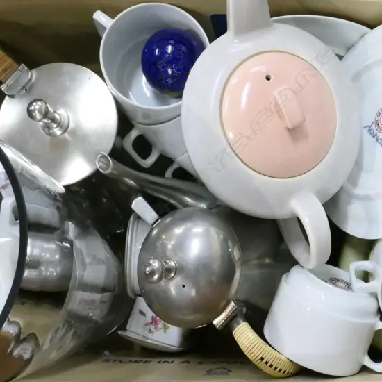 BOX LOT LIMOGES COFFEE SET, PEWTER TEA & COFFEE POTS, VASE ETC