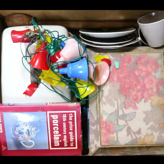 BOX MISC INCL POOLE TWINTONE, REF.BOOK, MAGS, OLD CHRISTMAS LIGHTS ETC..