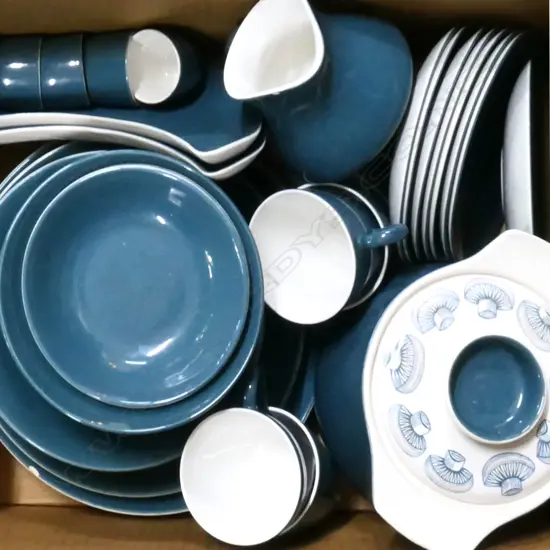 BOX LOT POOLE TEAL BLUE PART DINNER SERVICE- PLATES, BOWLS, EGG CUPS, C&S'S, DISHES, CANISTER ETC..