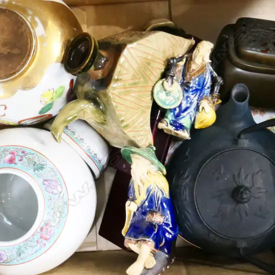BOX LOT ASST. ORIENTAL ITEMS; MOSTLY CERAMICS + TEAPOT ETC