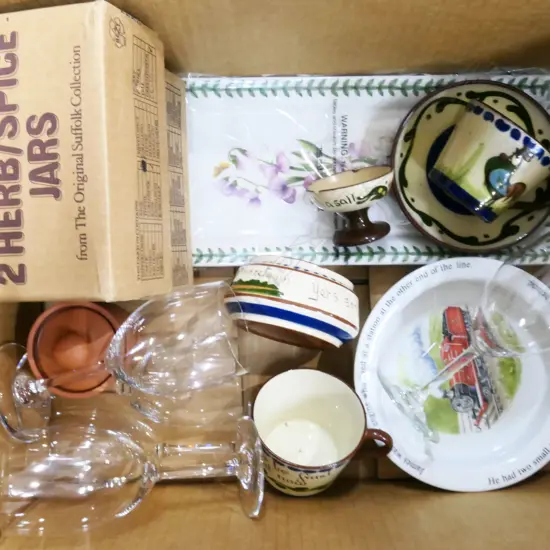 BOX ASST INCL. TERRACOTTA HERB CONTAINERS (BOXED), BOTANIC GARDEN PLATE (NEW), WINE GLASSES, TORQUAY WARE ETC..
