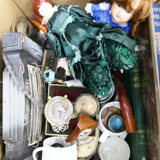 BOX LOT ASST. ITEMS; CERAMICS, DOLLS, OLD HEATER ETC