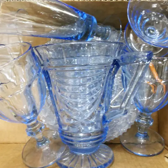 BOX LOT ASST BLUE GLASS INCL DEPRESSION GLASS; LG GOBLETS, JUG, PLATES ETC..
