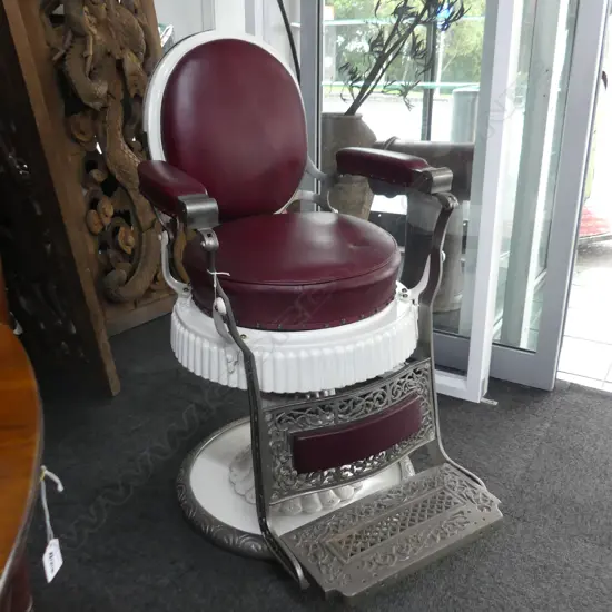 ANTIQUE CAST IRON BARBERS CHAIR white enamel & red vinyl