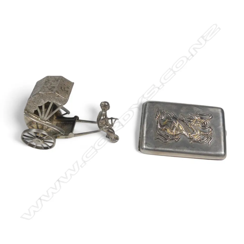 Two Chinese novelty items, a silver plated rickshaw and a silver postage stamp case, Image 1++
