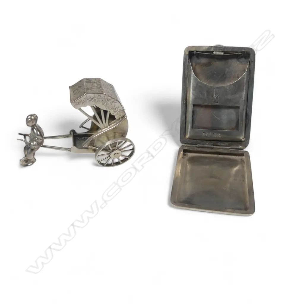 Two Chinese novelty items, a silver plated rickshaw and a silver postage stamp case, Image 1++