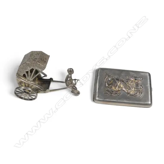 Two Chinese novelty items, a silver plated rickshaw and a silver postage stamp case,