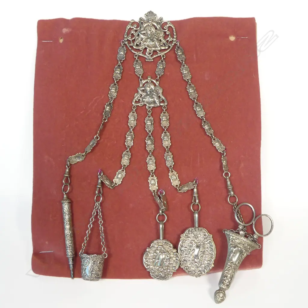 A late 19thC Art Nouveau silver plate chatelaine with five suspended objects, Image 1++