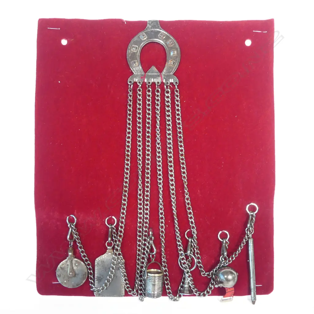 A 19thC cut steel chatelaine with six original suspended attachments on curb link chains, Image 1++