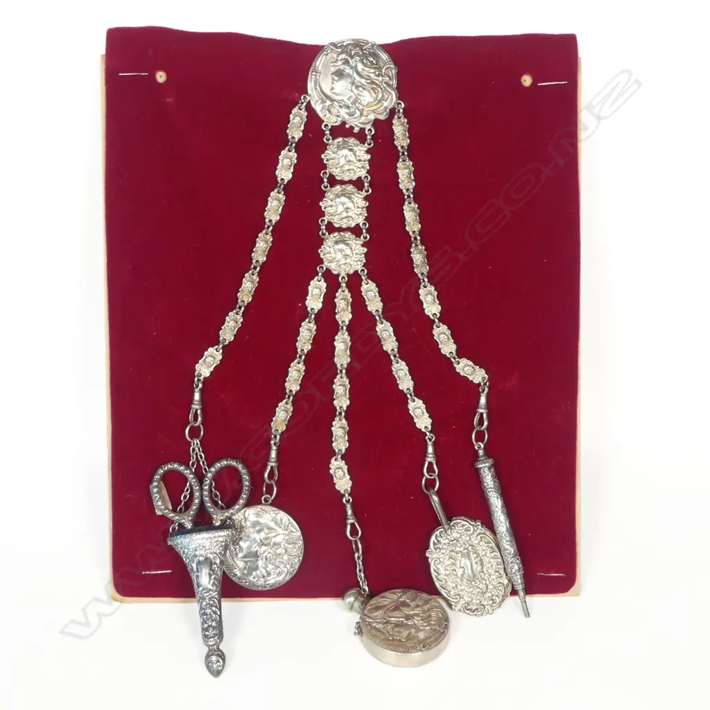 A late 19thC Art Nouveau silver plate chatelaine with five suspended objects, Image 1++