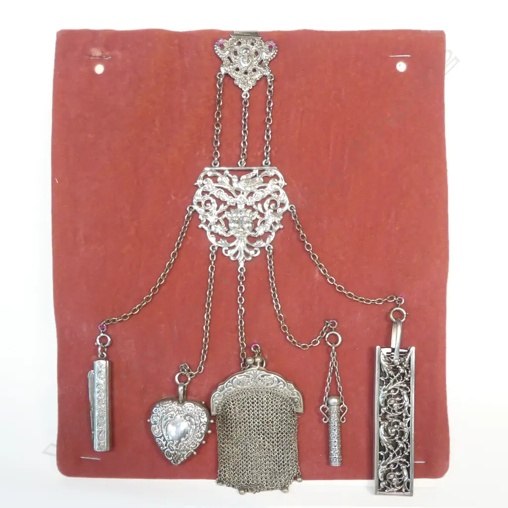 A Victorian silver plate chatelaine clasp with five suspended silver and silver plate accoutrements, Image 1++