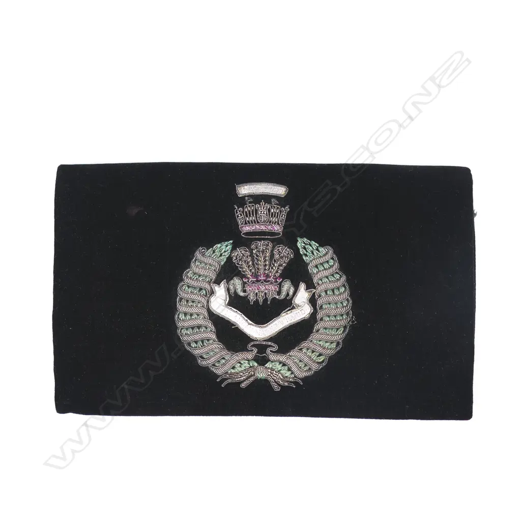 A black velvet evening clutch with Royal Welch (sic) Regimental bullion and embroidery badge to the flap, Image 1++