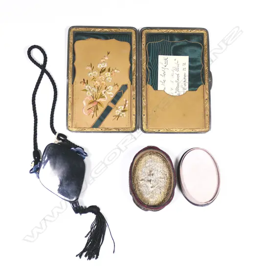 A French c.1925 plastic purse, an exquisite cartes de visite case and a string worked box,