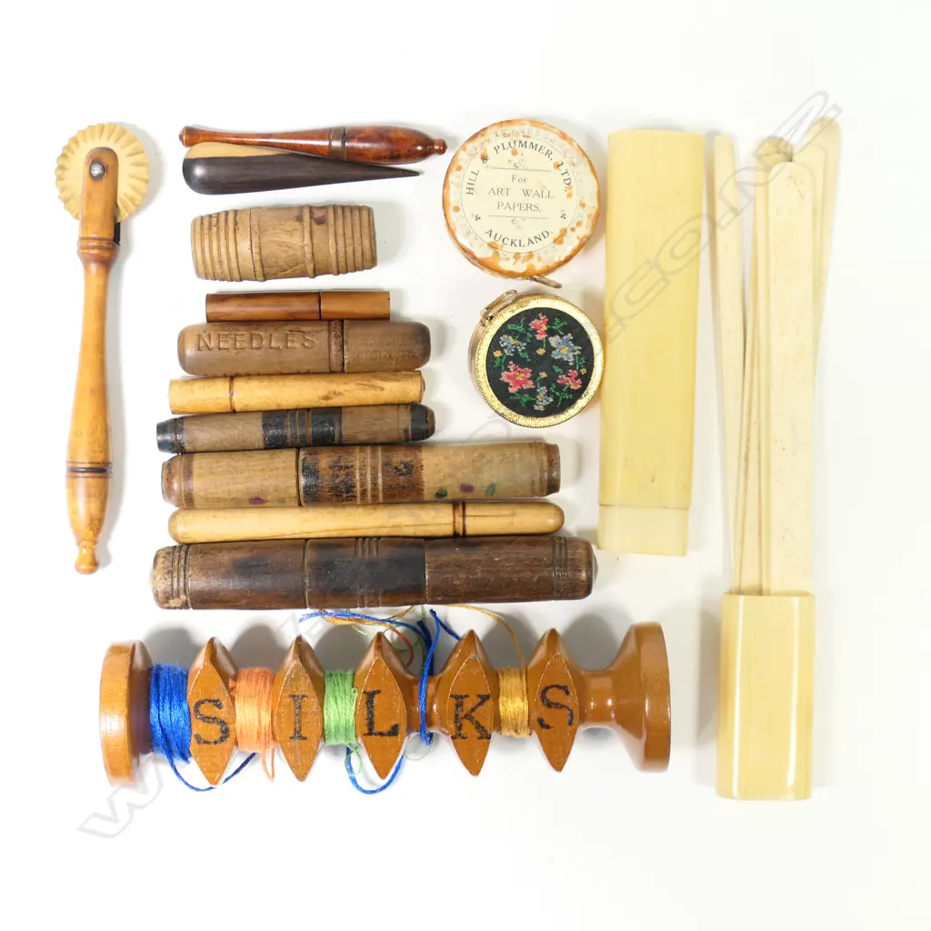 A wooden 'Silks' bobbin, miscellaneous wooden sewing tools and bone netting tools, Image 1++