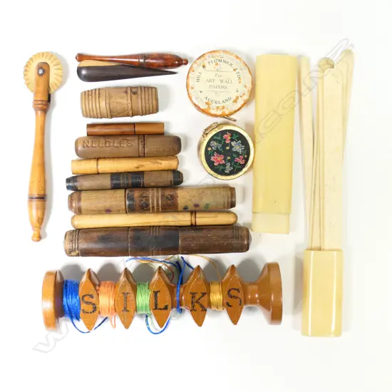 A wooden 'Silks' bobbin, miscellaneous wooden sewing tools and bone netting tools,