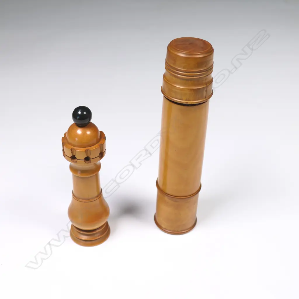 Two fine boxwood needle cases, one turned as a chess piece Queen, the other a double ended cylinder, Image 1++