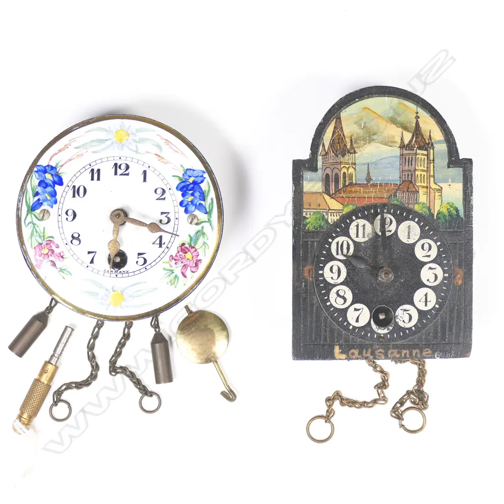 Two miniature, key wound, wall hanging German (Black Forest) one-day timepieces, Image 1++