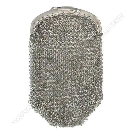 A silver plate small chain mail mesh purse with double compartments,