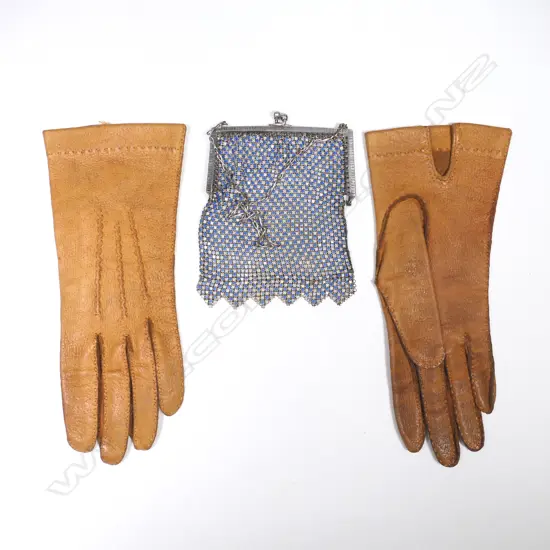 A 1930s Whiting & Davis, American mesh purse and a pair of light leather gloves,