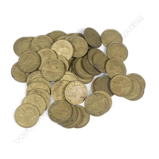 A collection of ~56 John Chorlton’s Fancy Goods Manchester brass unofficial farthing tokens,