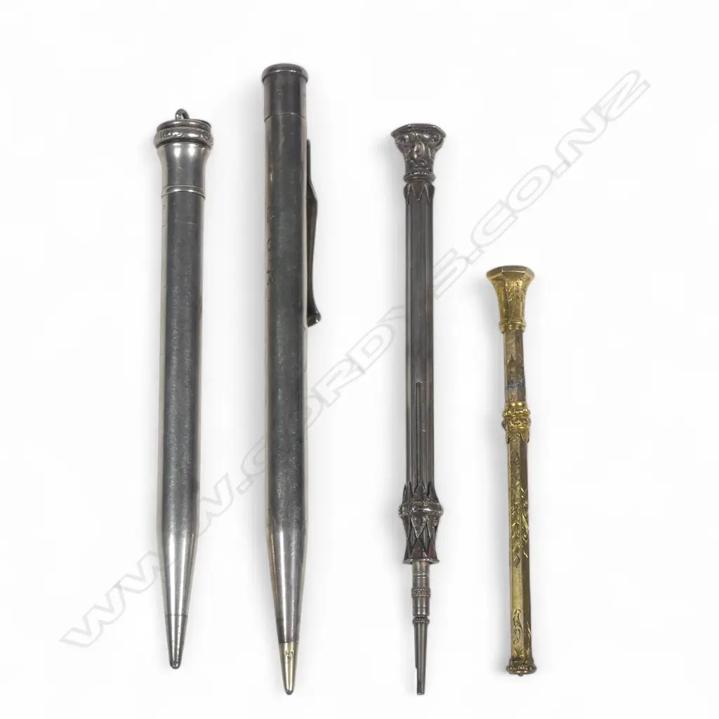 Four telescopic or propelling pencils: Sterling silver 'Yard-o-Lead' propelling; Wahl USA Sterling propelling, silver plate and pinchbeck telescopic. (4) Image 1++