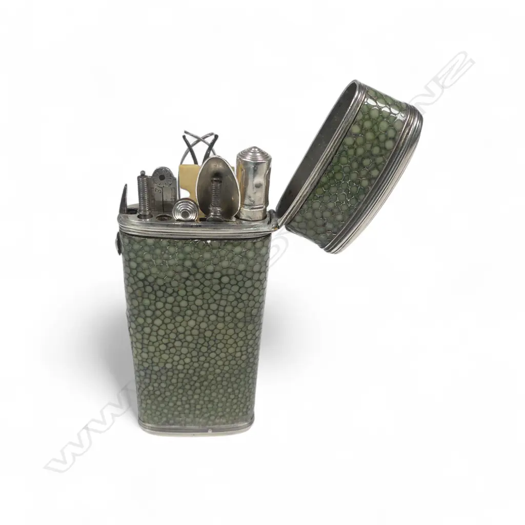 A Georgian period silver mounted pale green shagreen étui with contents, Image 1++