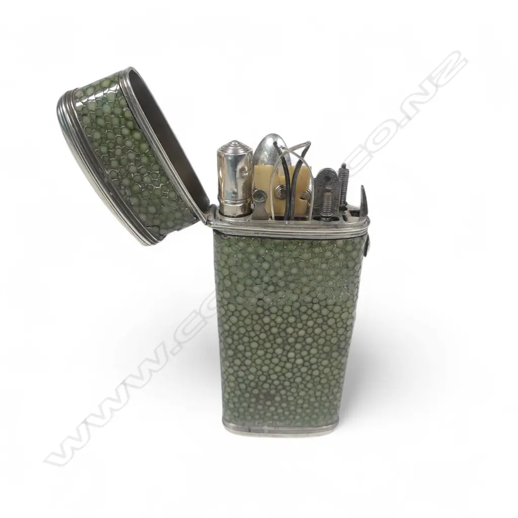 A Georgian period silver mounted pale green shagreen étui with contents, Image 1++