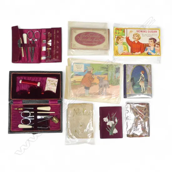 Two lady's sewing compendiums, one leatherette, one red folding purse form along with a selection of decorative needle books and original needle packs