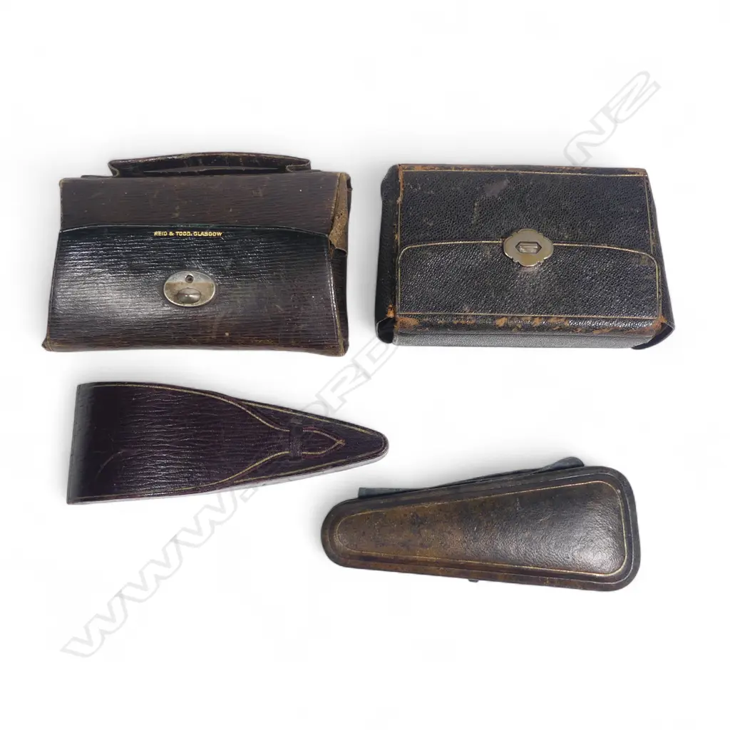 Four lady's sewing compendiums, taper, purse and box shapes, one containing a set of three sewing scissors. Image 1++