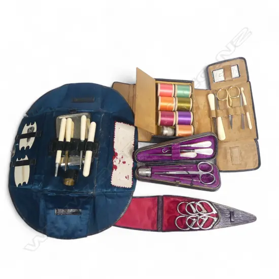 Four lady's sewing compendiums, taper, purse and box shapes, one containing a set of three sewing scissors.