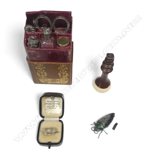 Wm IV period sewing compendium, a jewel beetle, a rosewood and bone handled seal and a loose seal stone.