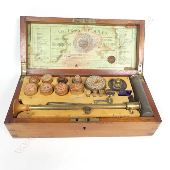 An English c.1880 one-layer mahogany boxed, 'Superior' blowpipe analysis set, with Society of Arts label with index to inside of lid,