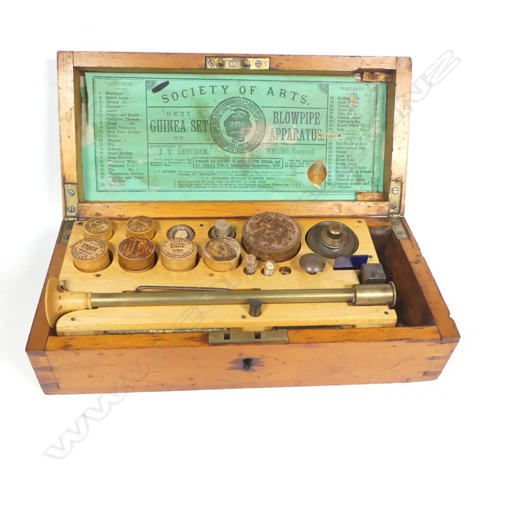 An English c.1880, one-layer pine boxed, 'Guinea' blowpipe analysis set, with Society of Arts label with index to inside of lid, Image 1++