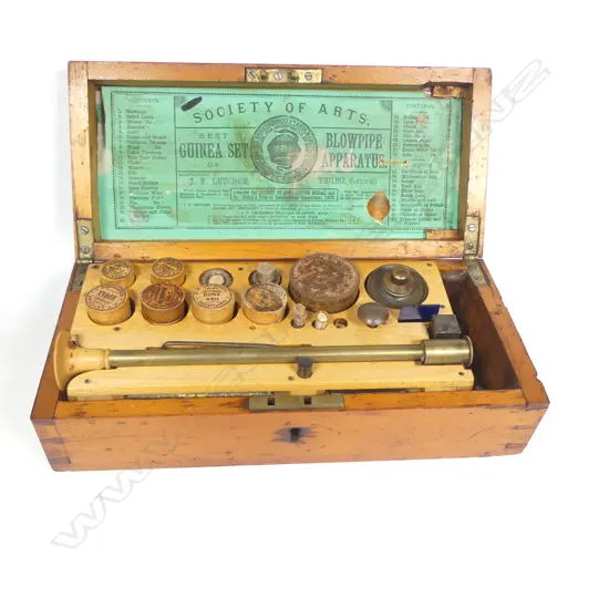An English c.1880, one-layer pine boxed, 'Guinea' blowpipe analysis set, with Society of Arts label with index to inside of lid,