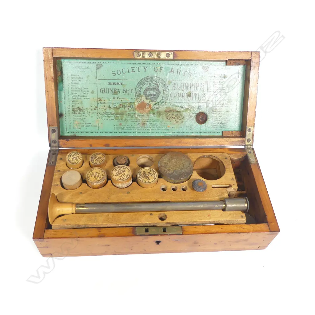 An English c.1880, one-layer pine boxed, 'Guinea' blowpipe analysis set, with Society of Arts label with index to inside of lid, Image 1++