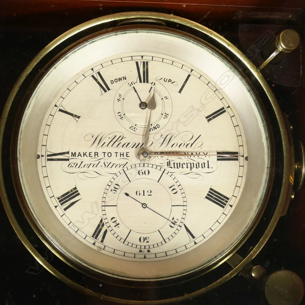 An early 20thC two day marine chronometer by William Woods, Maker to the Admiralty, 69 Lord Street, Liverpool, numbered 612, running, Image 1++
