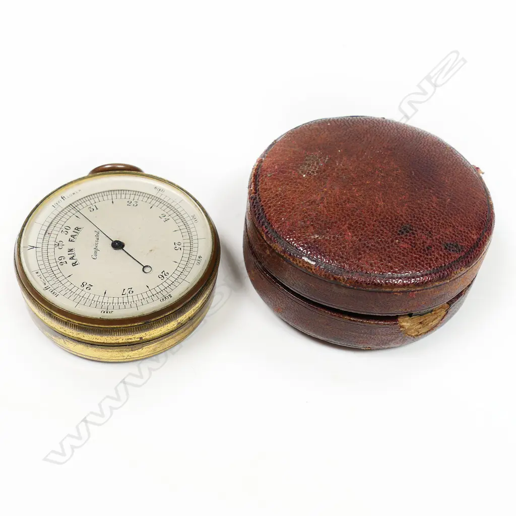 A Victorian gilt brass compensated pocket barometer-altimeter, in red leather case, Image 1++