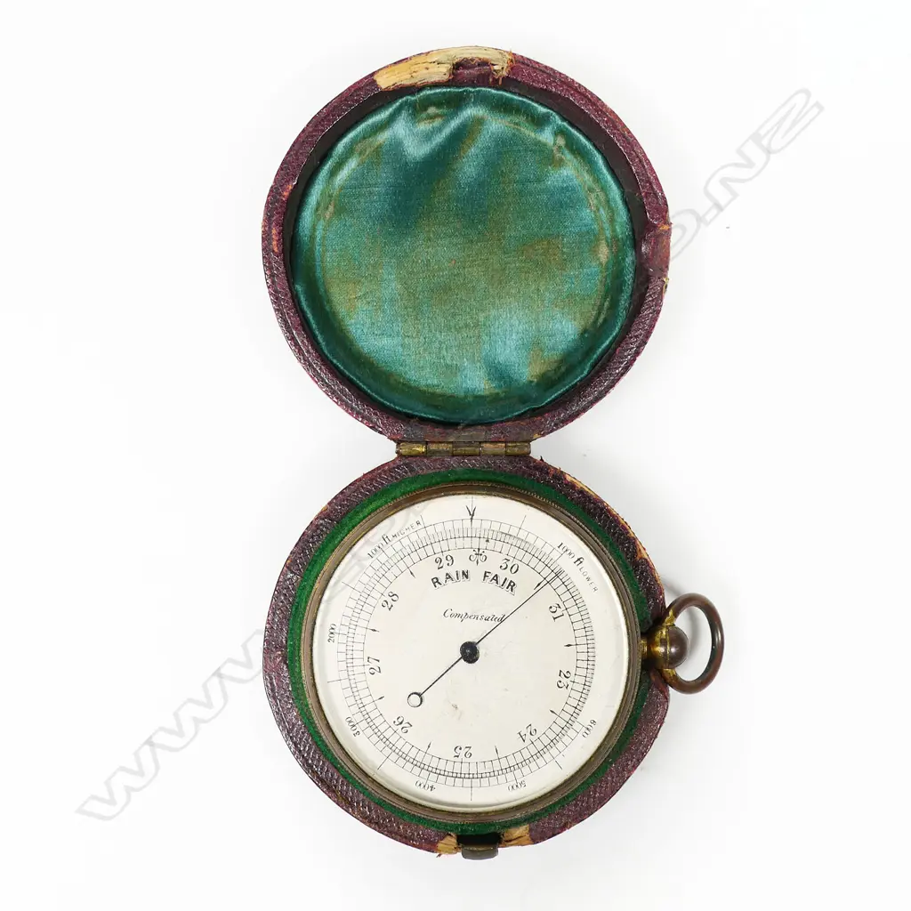 A Victorian gilt brass compensated pocket barometer-altimeter, in red leather case, Image 1++