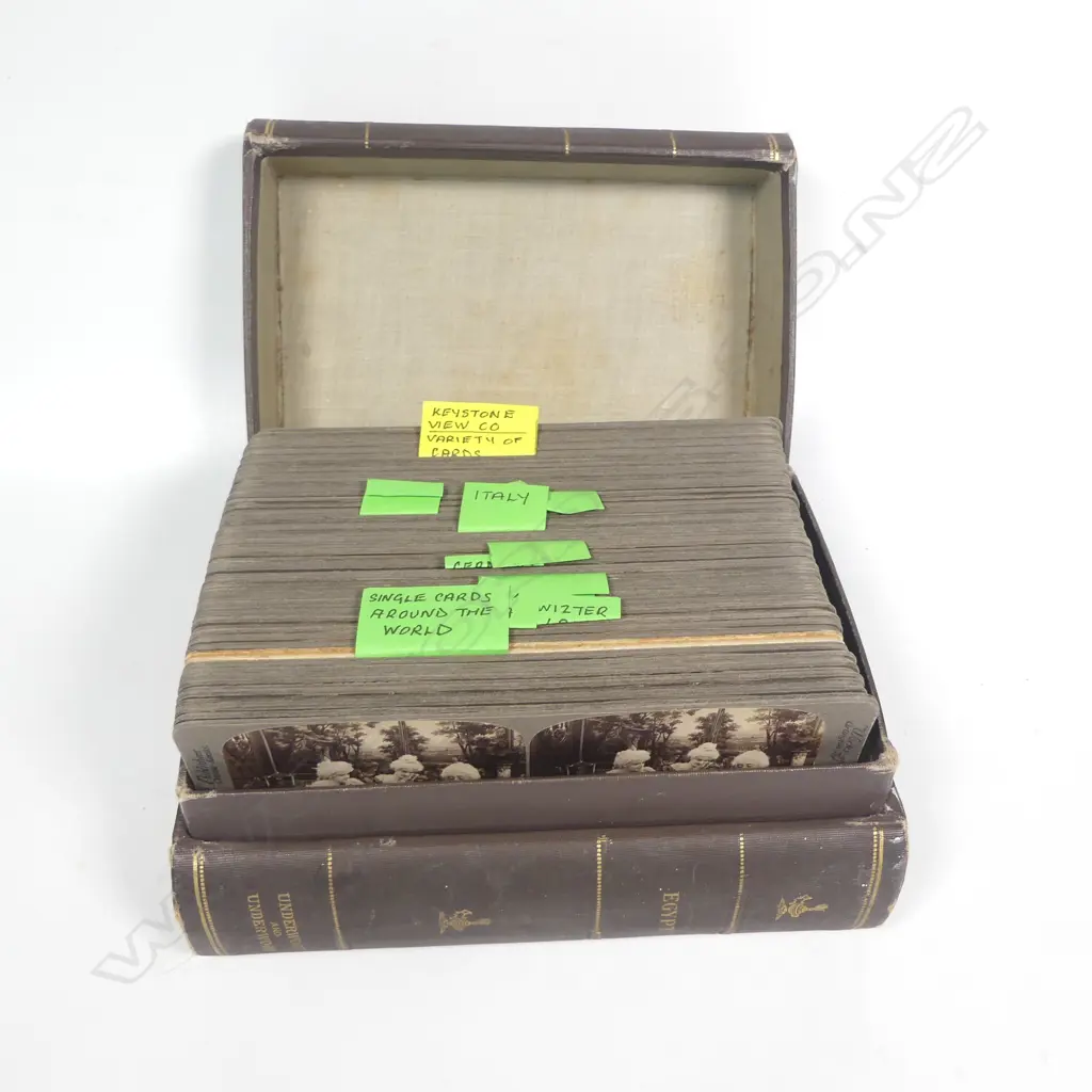 A box containing stereoscope cards disguised as two cloth bound books entitled 'Egypt' published by Underwood and Underwood, Image 1++