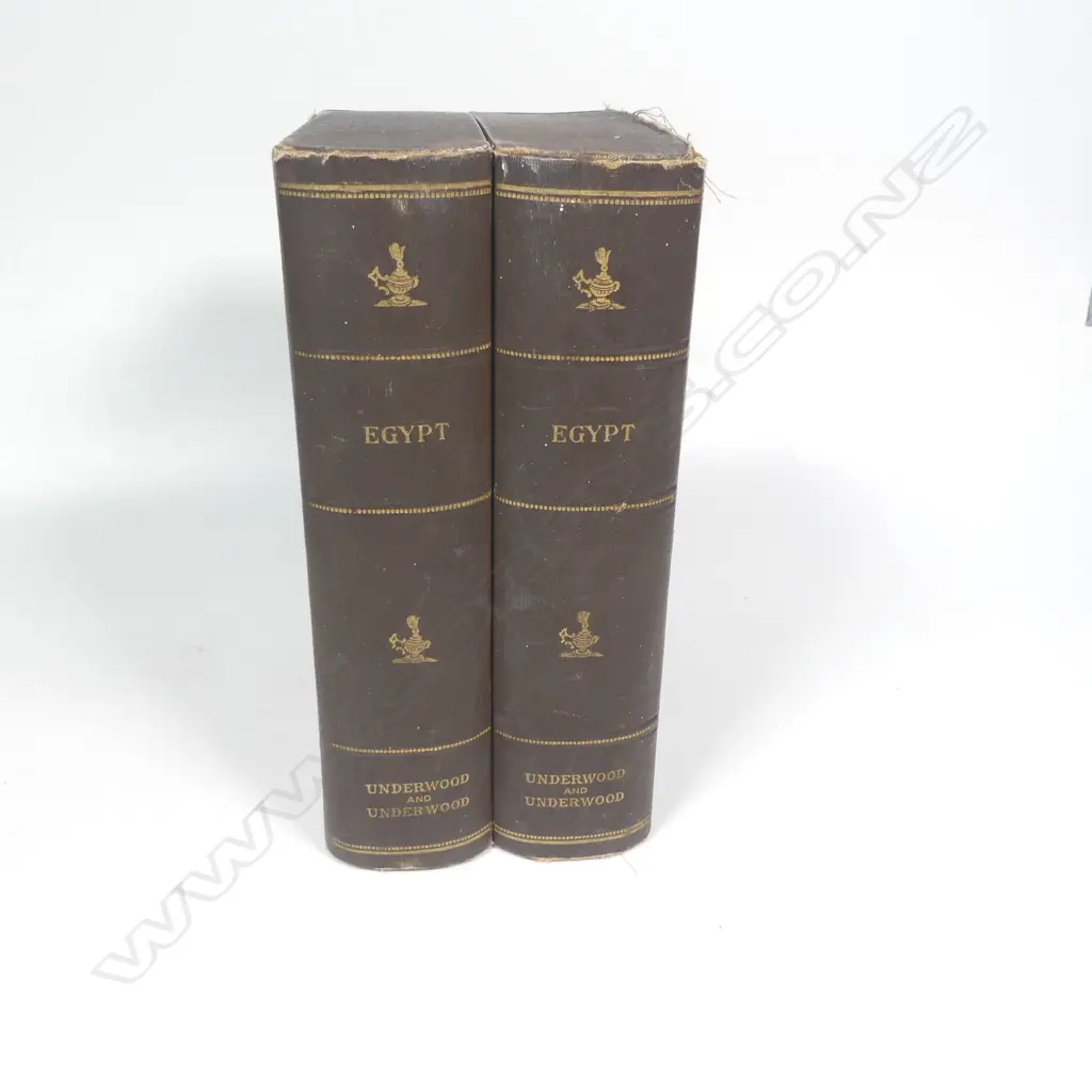 A box containing stereoscope cards disguised as two cloth bound books entitled 'Egypt' published by Underwood and Underwood, Image 1++