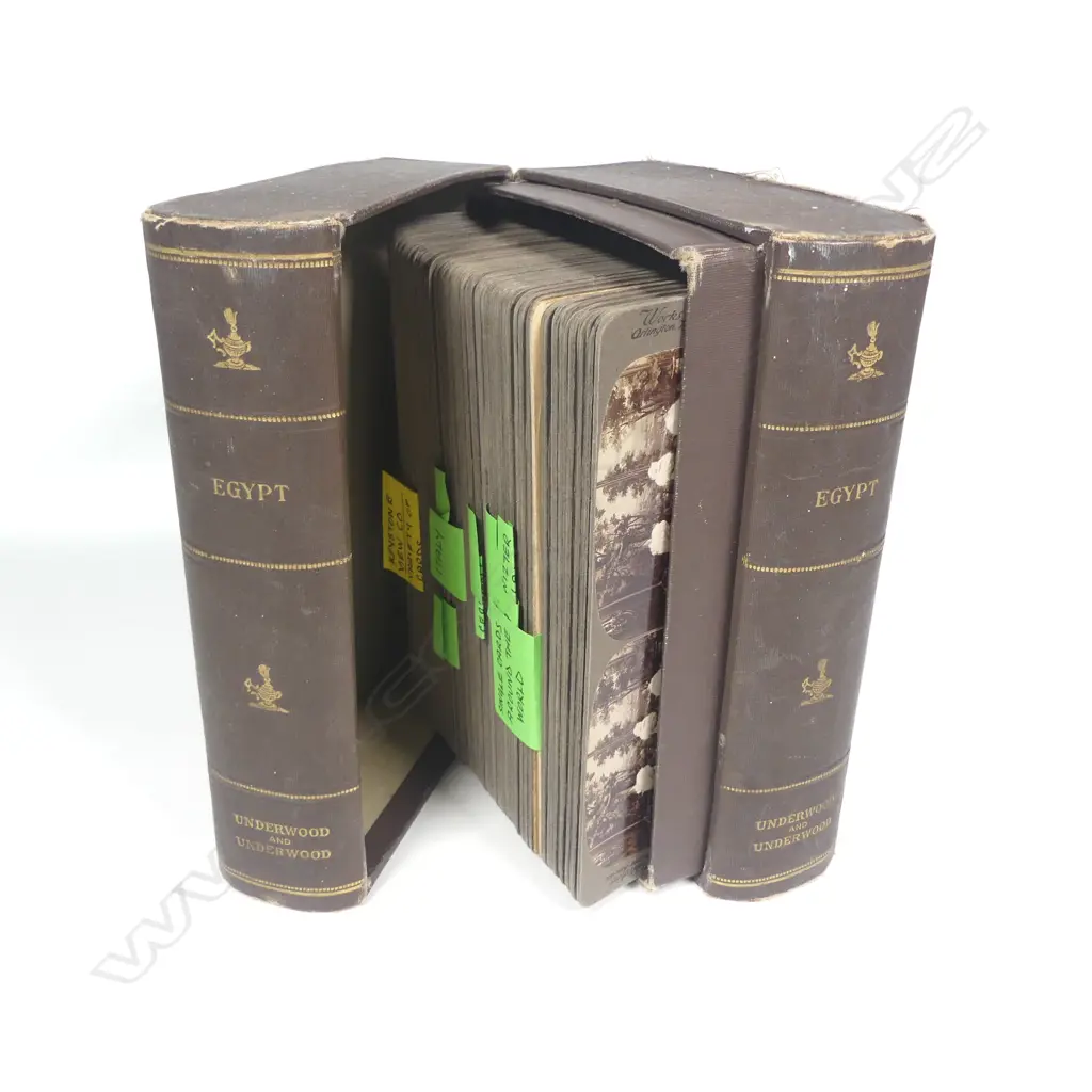 A box containing stereoscope cards disguised as two cloth bound books entitled 'Egypt' published by Underwood and Underwood, Image 1++