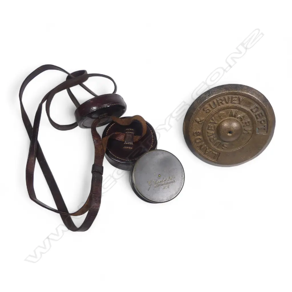 A Stanley, London optical square in leather case, and a Lands & Survey Dept Survey Mark, Image 1++