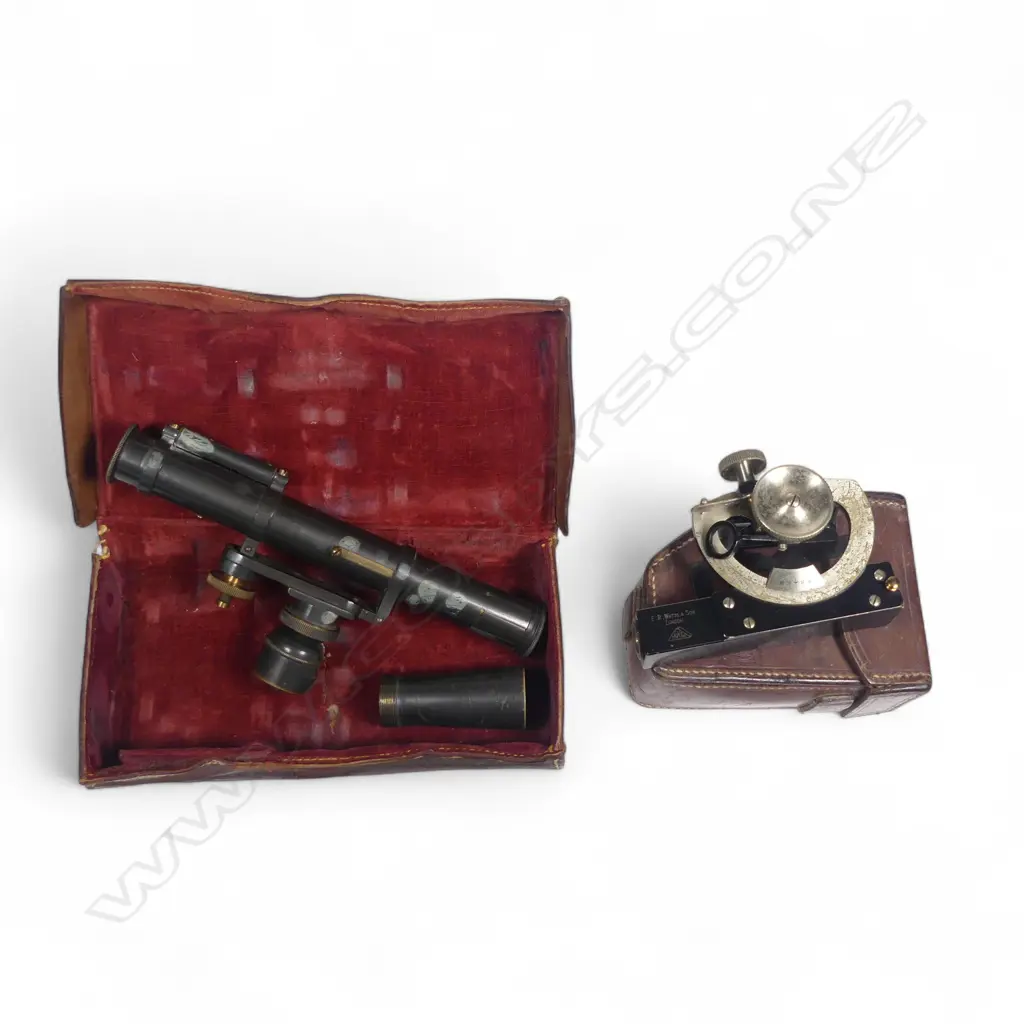 A Stanley, London pocket telescopic reflecting level along with an E.R. Watts & Sons, London inclinometer Image 1++
