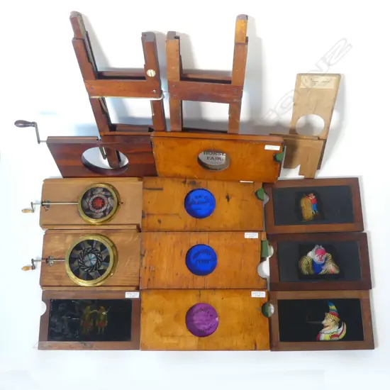 Rare winder operated chromotrope kaleidoscope magic lantern slide, along with other action slides,