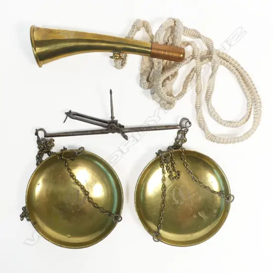 A brass foxhound horn, with string-work hanger, and a set of portable Avery brass pan balance scales,
