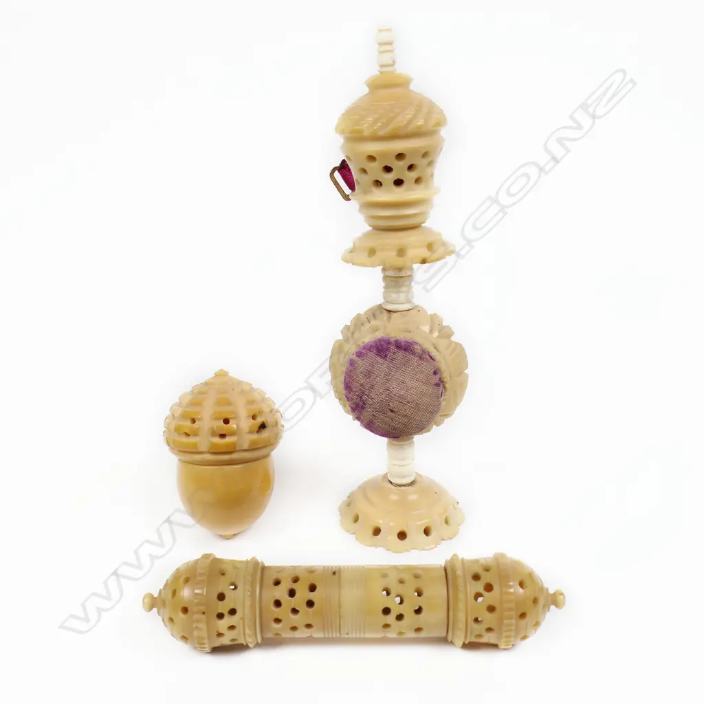 Three items of Coroza nut, a standing sewing aid, an acorn pomander thimble case and a pomander or bodkin case, Image 1++